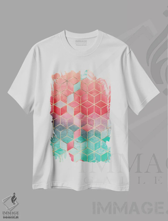 تیشرت سفید طرح دار Rectangular,مکعب های رز و فیروزه ای، مستطیلی، آبستره اثر الیزابت فردریکسون | فروشگاه ایماژ