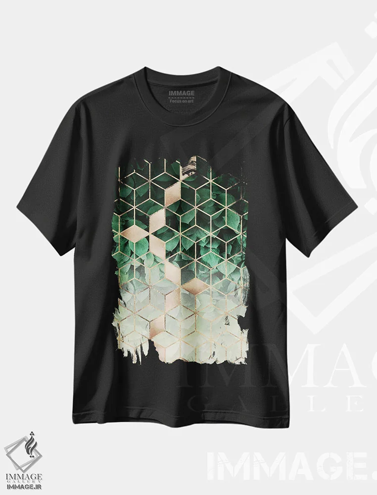 تیشرت مشکی طرح دار برگ ها و مکعب ها، آبستره اثر الیزابت فردریکسون | فروشگاه ایماژ