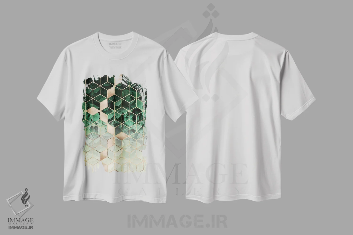 تیشرت سفید طرح دار برگ ها و مکعب ها، آبستره اثر الیزابت فردریکسون | immage.ir