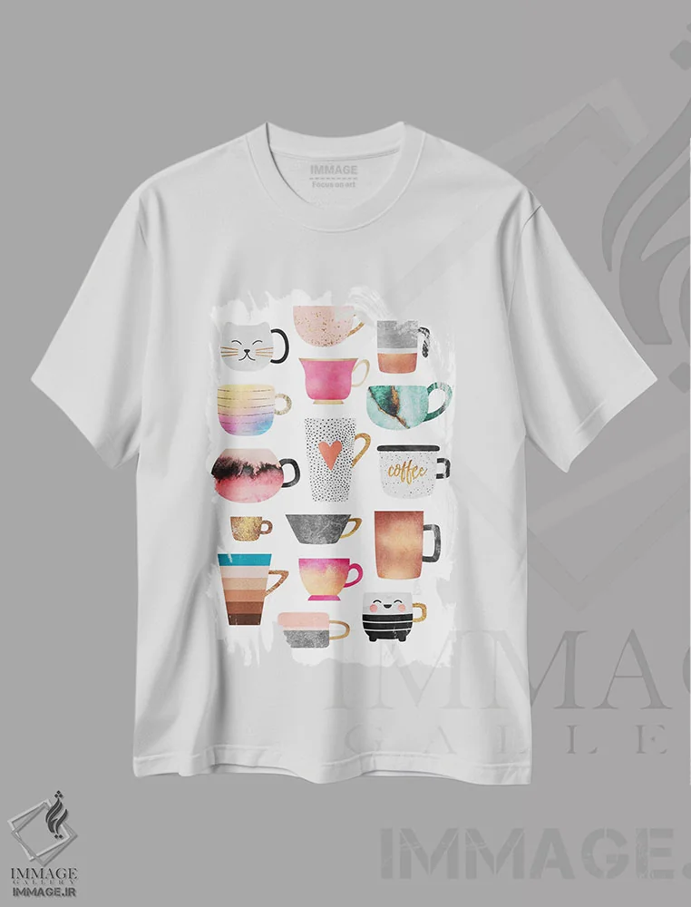تیشرت سفید طرح دار مجموعه فنجان های قهوه، تزئینی اثر الیزابت فردریکسون | immage.ir