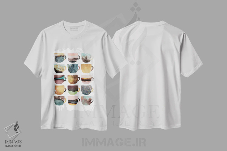 تیشرت سفید طرح دار فنجان های قهوه خاکی، تزئینی اثر الیزابت فردریکسون | فروشگاه ایماژ