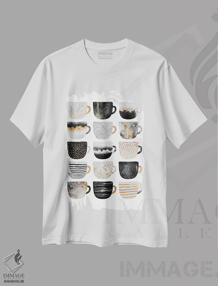 تیشرت سفید طرح دار فنجان های قهوه زیبا III، تزئینی اثر الیزابت فردریکسون | immage.ir