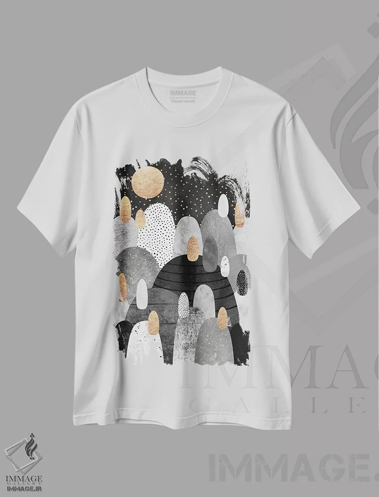 تیشرت سفید طرح دار سرزمین کوچک سنگریزه ها در شب، آبستره اثر الیزابت فردریکسون | فروشگاه ایماژ