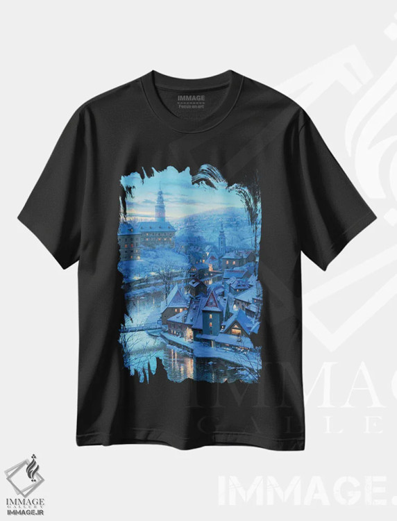 تیشرت مشکی طرح دار گرگ و میش در کروملوف، هنر فاخر معاصر اثر اوگنی لوشپین | فروشگاه ایماژ