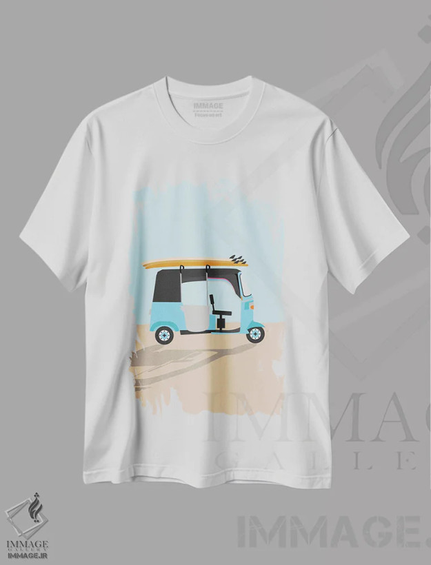 تیشرت سفید طرح دار "توک توک موج سواری در سریلانکا"، تزئینی اثر لایمن کریتیو کو. | فروشگاه ایماژ