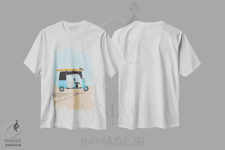 تیشرت سفید طرح دار "توک توک موج سواری در سریلانکا"، تزئینی اثر لایمن کریتیو کو. | فروشگاه ایماژ