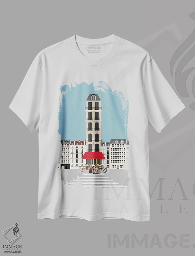 تیشرت سفید طرح دار "پاریس، فرانسه | کافهٔ پاریسی در خیابان"، تزئینی اثر لایمن کریتیو کو. | فروشگاه ایماژ