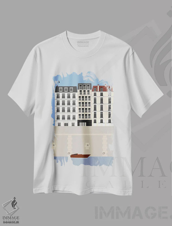 تیشرت سفید طرح دار "پاریس بر رود سن، فرانسه"، تزئینی اثر لایمن کریتیو کو. | immage.ir