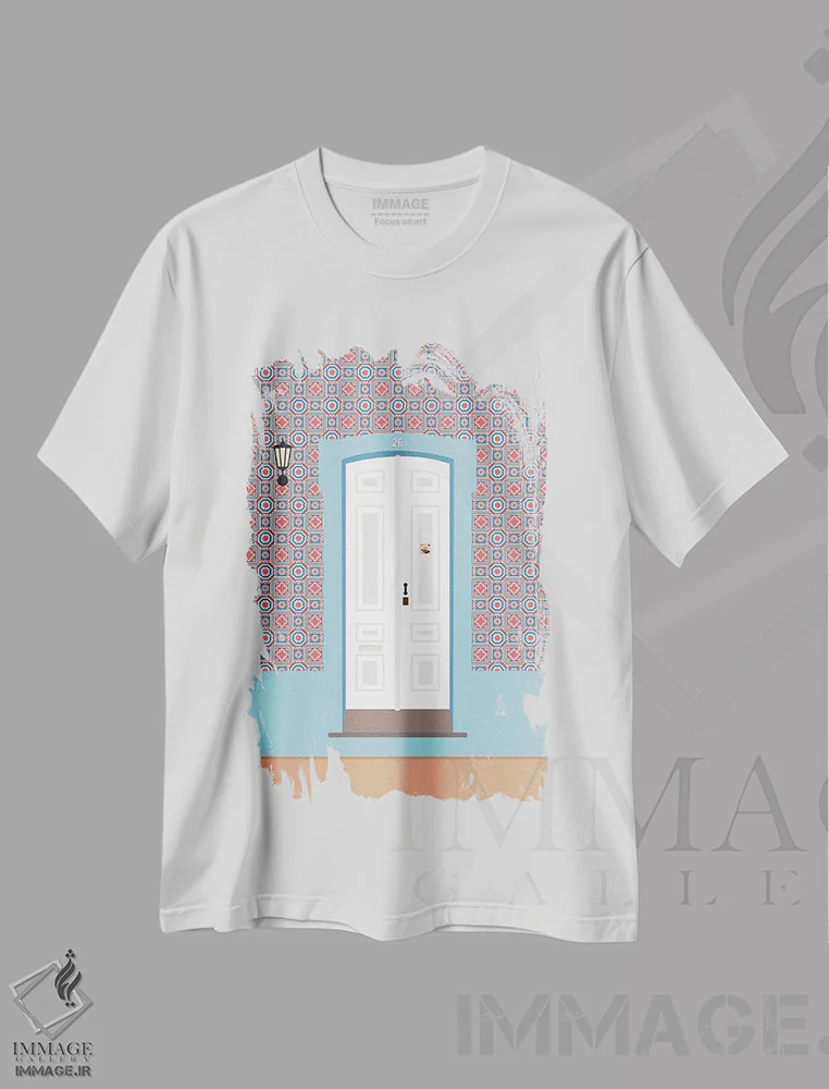 تیشرت سفید طرح دار "در کاشی کاری شده پرتغالی"، تزئینی اثر لایمن کریتیو کو. | immage.ir