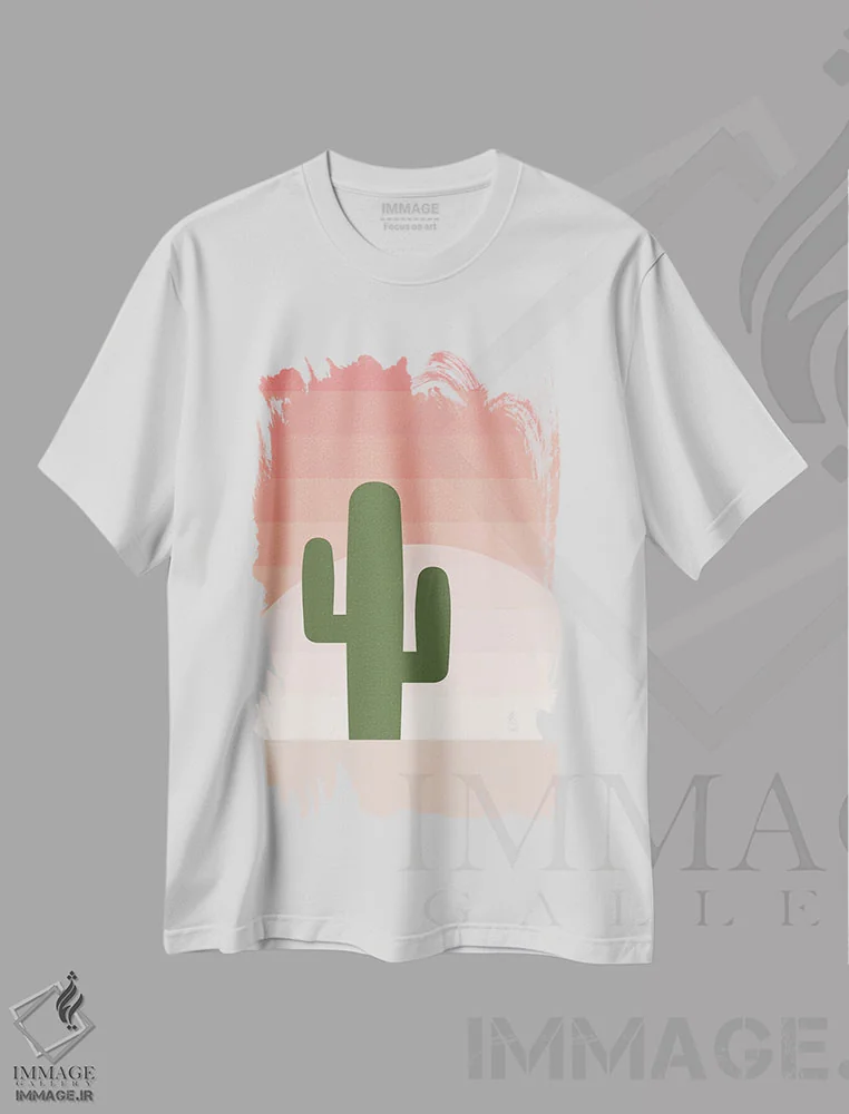 تیشرت سفید طرح دار "غروب صورتی کاکتوس در بیابان"، تزئینی اثر لایمن کریتیو کو. | فروشگاه ایماژ