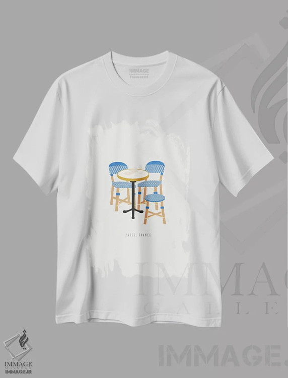 تیشرت سفید طرح دار "صندلی های کافه پاریس"، تزئینی اثر لایمن کریتیو کو. | فروشگاه ایماژ