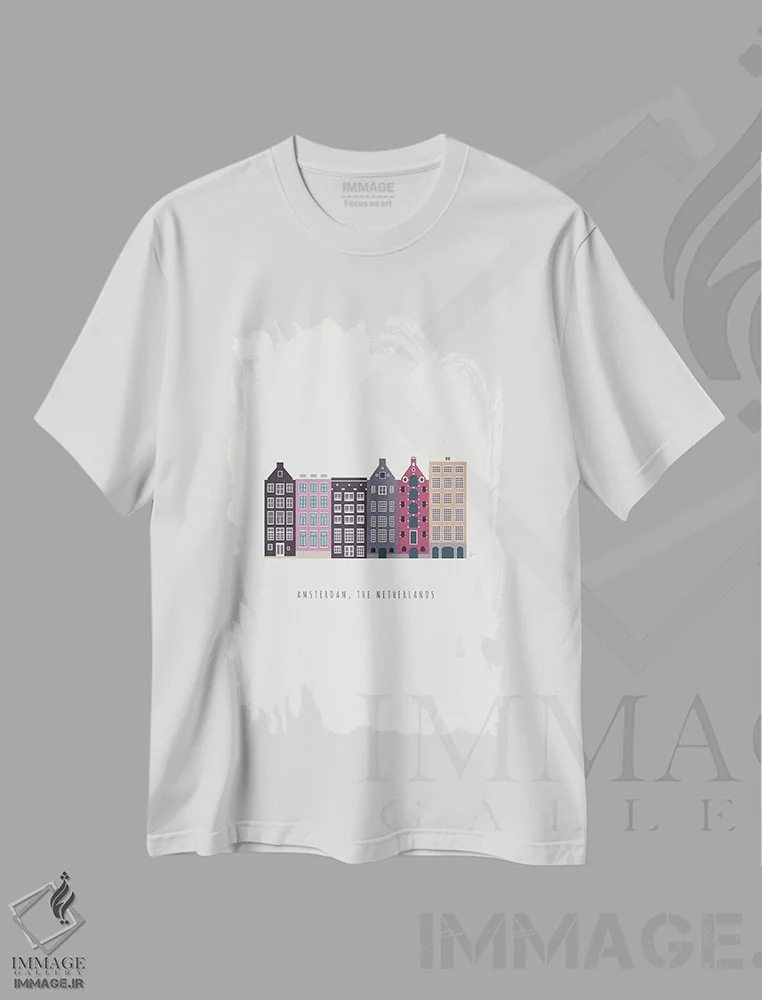 تیشرت سفید طرح دار "دامراک ۲، آمستردام، هلند"، تزئینی اثر لایمن کریتیو کو. | فروشگاه ایماژ