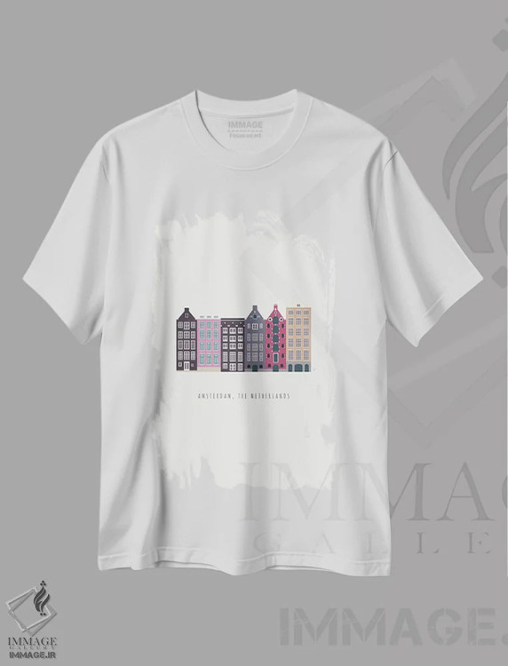 تیشرت سفید طرح دار "دامراک ۲، آمستردام، هلند"، تزئینی اثر لایمن کریتیو کو. | فروشگاه ایماژ