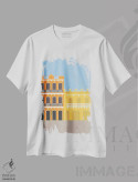 تیشرت سفید طرح دار "ساختمان های رنگارنگ در گتسه مانی، کلمبیا"، تزئینی اثر لایمن کریتیو کو. | immage.ir
