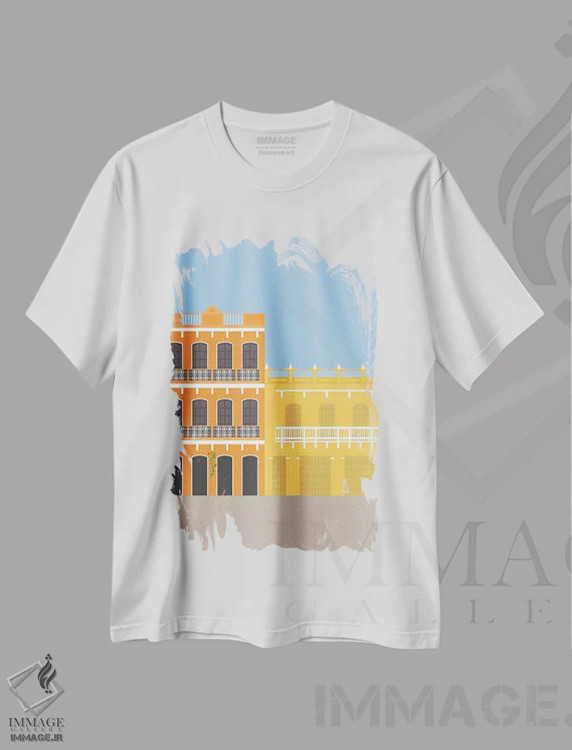 تیشرت سفید طرح دار "ساختمان های رنگارنگ در گتسه مانی، کلمبیا"، تزئینی اثر لایمن کریتیو کو. | immage.ir