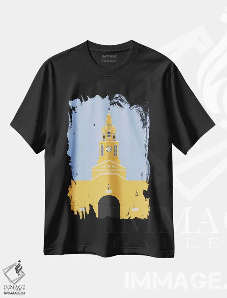 تیشرت مشکی طرح دار "برج ساعت، کارتاهِنا، کلمبیا"، تزئینی اثر لایمن کریتیو کو. | فروشگاه ایماژ
