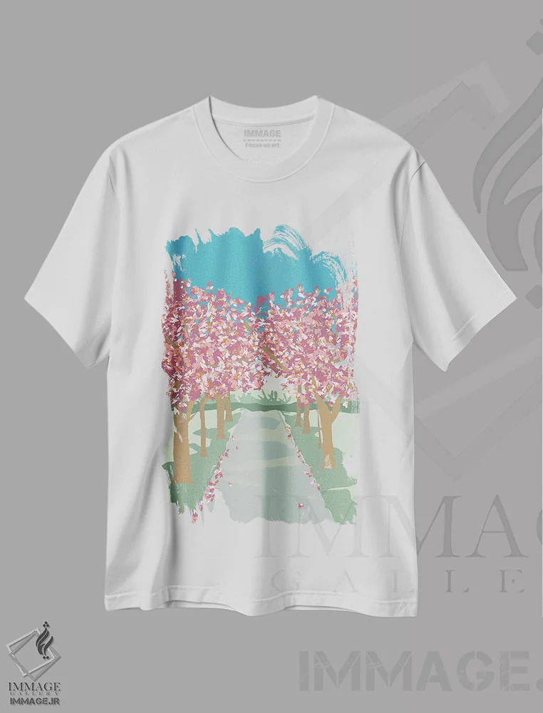 تیشرت سفید طرح دار "شکوفه های گیلاس در پارک بترسی، لندن"، تزئینی اثر لایمن کریتیو کو. | فروشگاه ایماژ