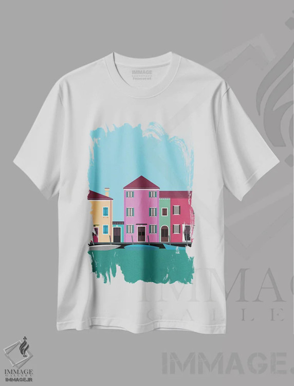 تیشرت سفید طرح دار "بورانو رنگارنگ، ایتالیا"، تزئینی اثر لایمن کریتیو کو. | immage.ir