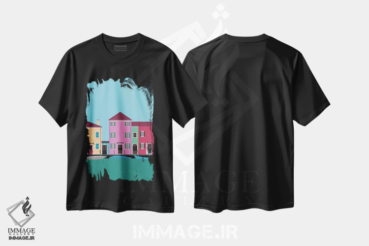 تیشرت مشکی طرح دار "بورانو رنگارنگ، ایتالیا"، تزئینی اثر لایمن کریتیو کو. | فروشگاه ایماژ