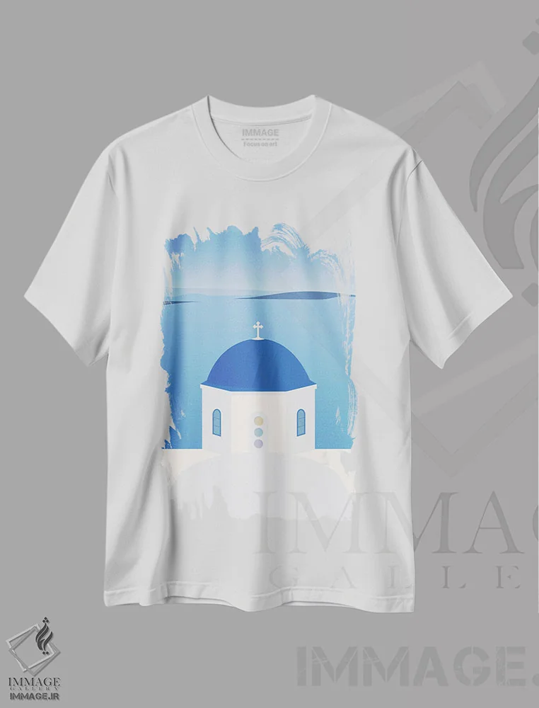تیشرت سفید طرح دار "کلیسای گنبد آبی، اویا، سانتورینی، یونان"، تزئینی اثر لایمن کریتیو کو. | immage.ir