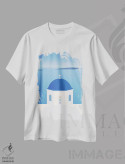 تیشرت سفید طرح دار "کلیسای گنبد آبی، اویا، سانتورینی، یونان"، تزئینی اثر لایمن کریتیو کو. | immage.ir