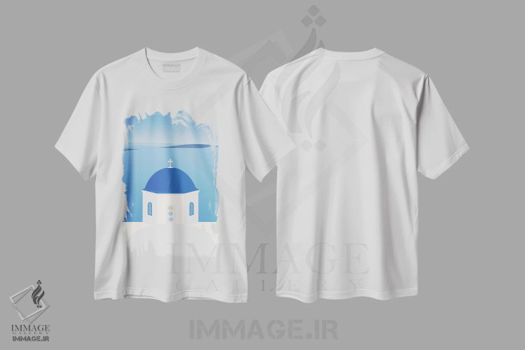 تیشرت سفید طرح دار "کلیسای گنبد آبی، اویا، سانتورینی، یونان"، تزئینی اثر لایمن کریتیو کو. | immage.ir