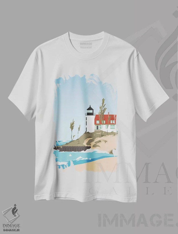 تیشرت سفید طرح دار "فانوس دریایی در دریاچه میشیگان، آمریکا"، تزئینی اثر لایمن کریتیو کو. | فروشگاه ایماژ