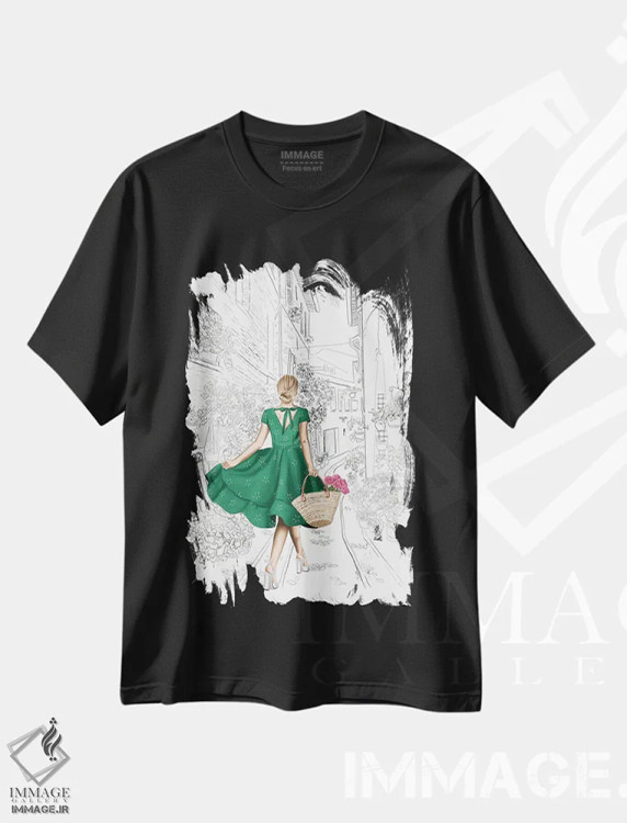 تیشرت مشکی طرح دار "کوچه گل ها"، دست نقاشی و طراحی دستی اثر الزا فوچه | فروشگاه ایماژ