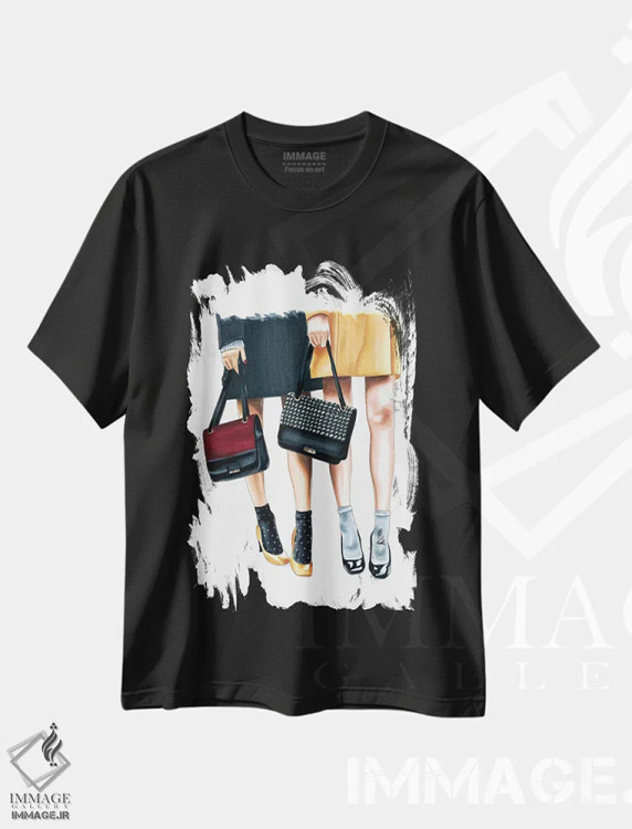 تیشرت مشکی طرح دار "لباس دهه ۶۰ میلادی"، تزئینی اثر الزا فوچه | فروشگاه ایماژ