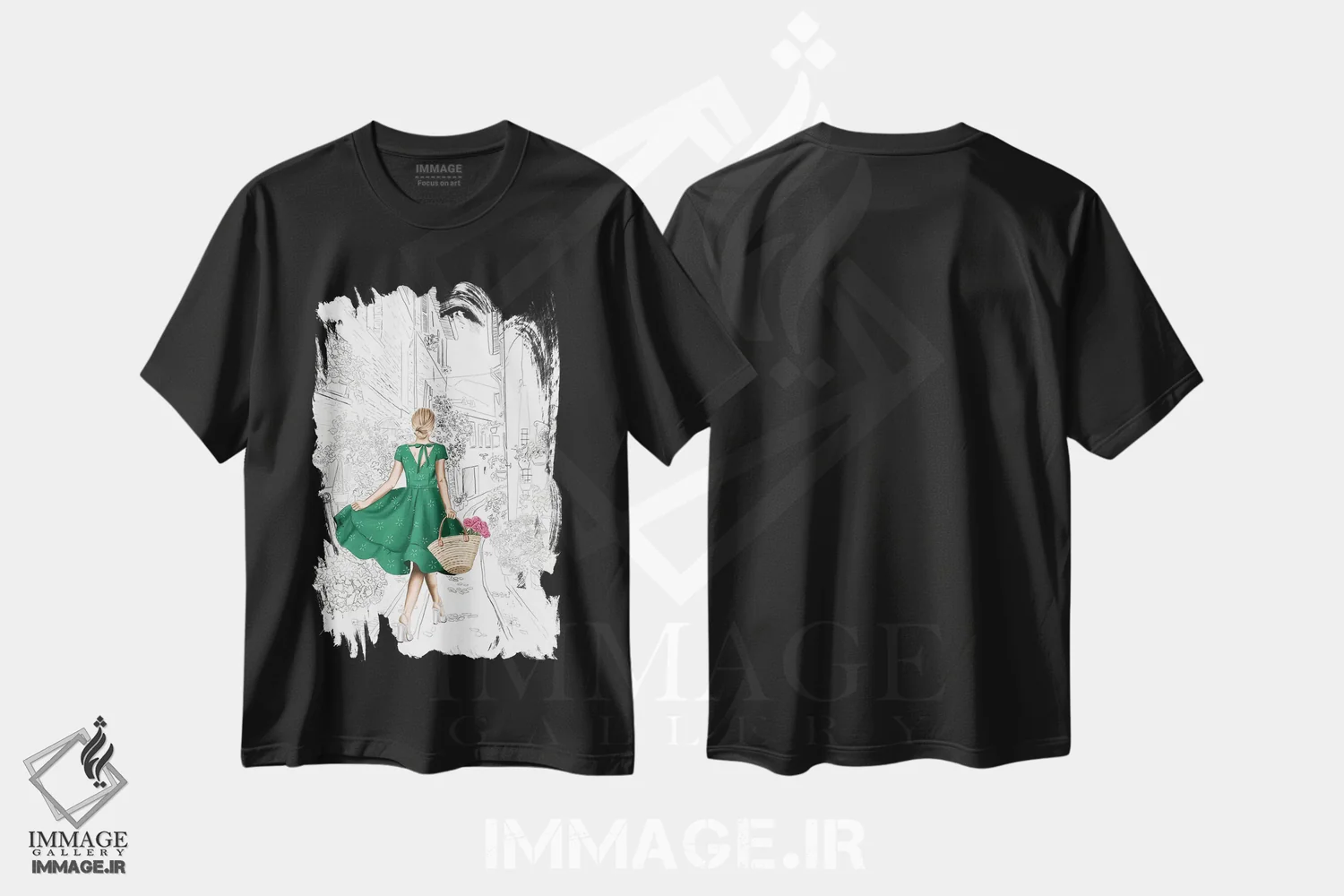 تیشرت مشکی طرح دار "کوچه گل ها"، دست نقاشی و طراحی دستی اثر الزا فوچه | فروشگاه ایماژ