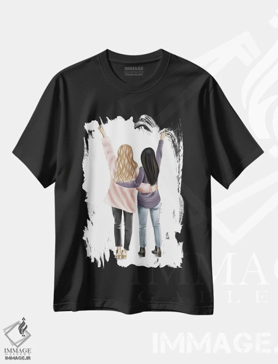تیشرت مشکی طرح دار "دوستان"، دست نقاشی و طراحی دستی اثر الزا فوچه | فروشگاه ایماژ