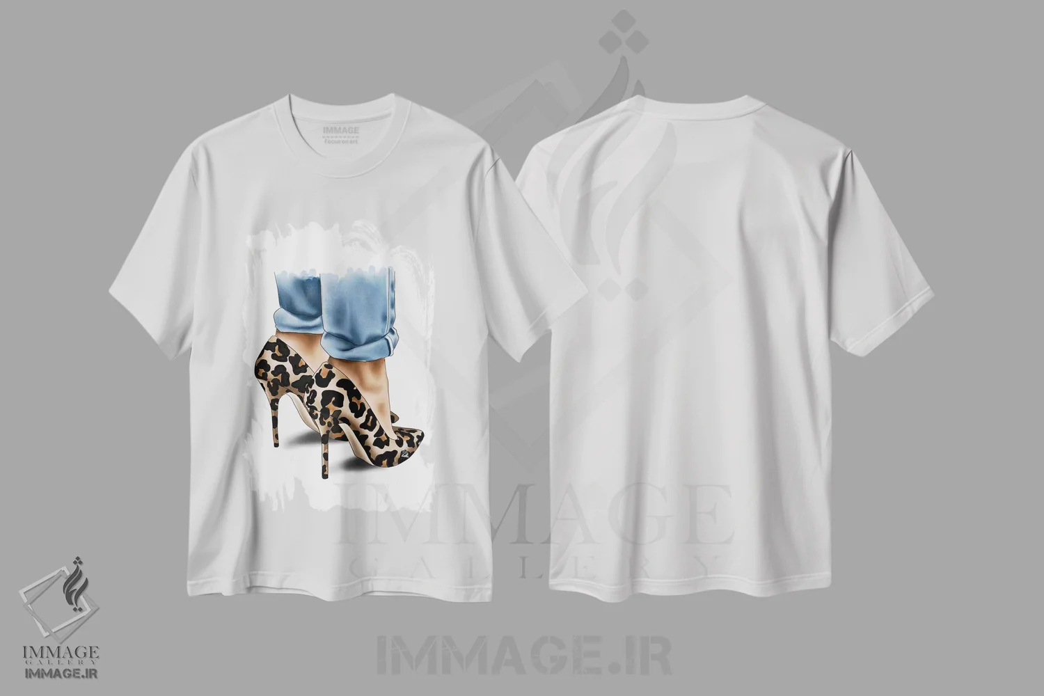 تیشرت سفید طرح دار "کفش پاشنه بلند با طرح پلنگی"، هنر دیجیتال اثر الزا فوچه | فروشگاه ایماژ