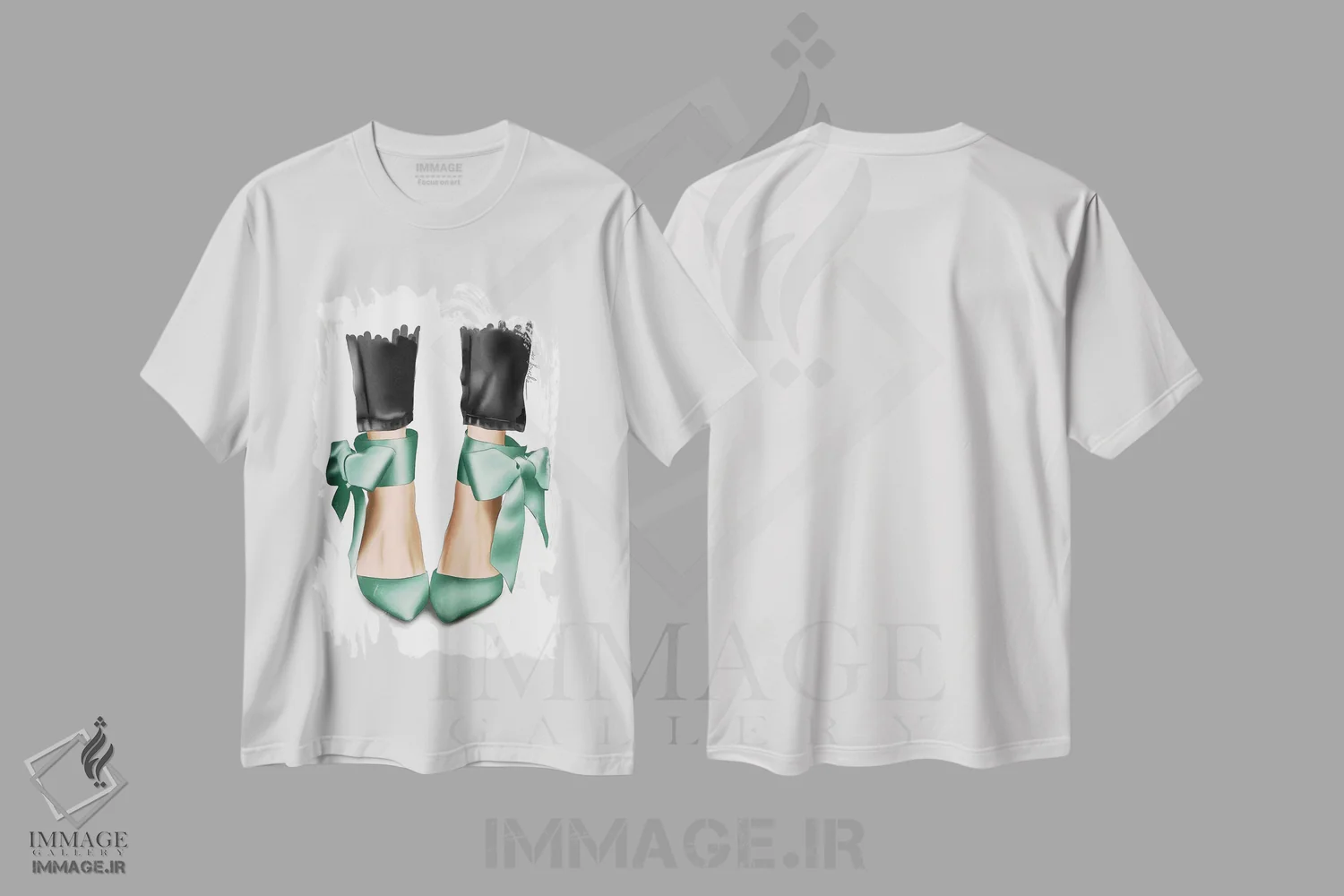تیشرت سفید طرح دار "کفش پاشنه بلند با پاپیون نعنایی"، دست نقاشی و طراحی دستی اثر الزا فوچه | immage.ir