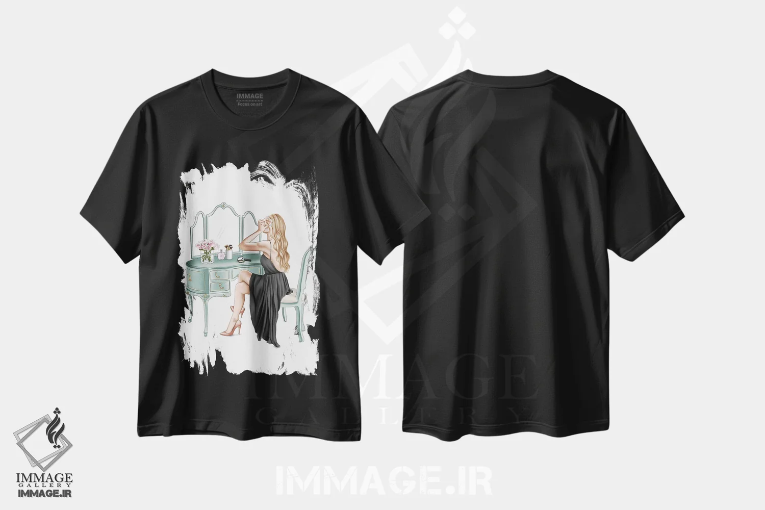 تیشرت مشکی طرح دار آماده شدن، دست نقاشی و طراحی دستی اثر الزا فوچه | فروشگاه ایماژ