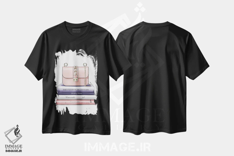 تیشرت مشکی طرح دار کتاب ها و کیف دستی، دست نقاشی و طراحی دستی اثر الزا فوچه | immage.ir
