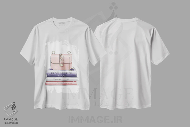 تیشرت سفید طرح دار کتاب ها و کیف دستی، دست نقاشی و طراحی دستی اثر الزا فوچه | فروشگاه ایماژ