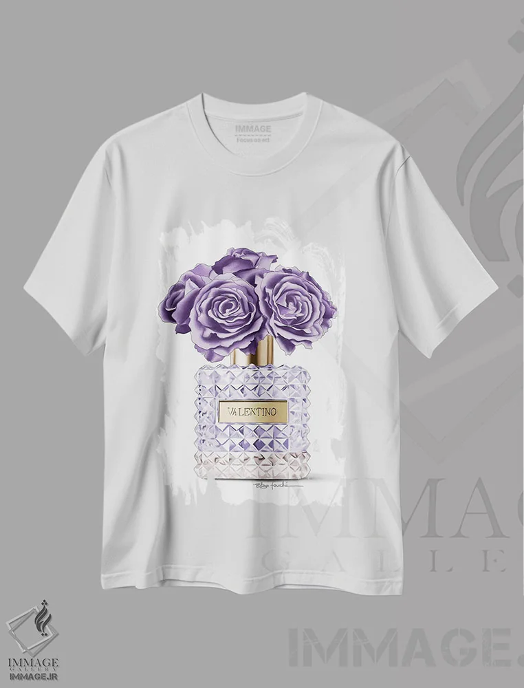 تیشرت سفید طرح دار رزهای بنفش و عطر، تزئینی اثر الزا فوچه | فروشگاه ایماژ