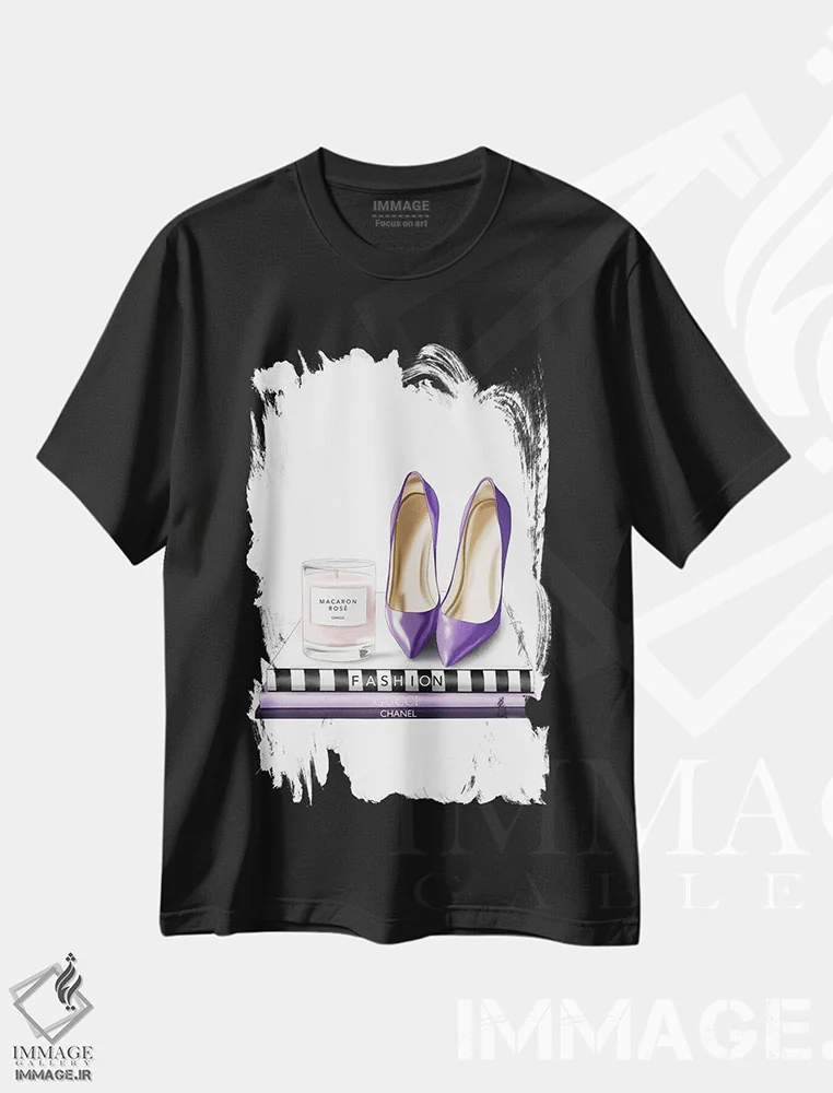 تیشرت مشکی طرح دار شمع و کفش پاشنه دار، دست نقاشی و طراحی دستی اثر الزا فوچه | فروشگاه ایماژ