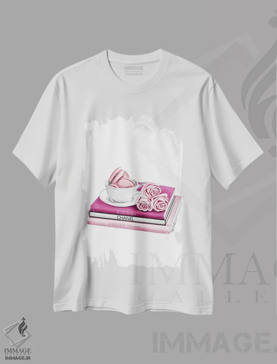تیشرت سفید طرح دار ماکارون ها و رزها، دست نقاشی و طراحی دستی اثر الزا فوچه | فروشگاه ایماژ