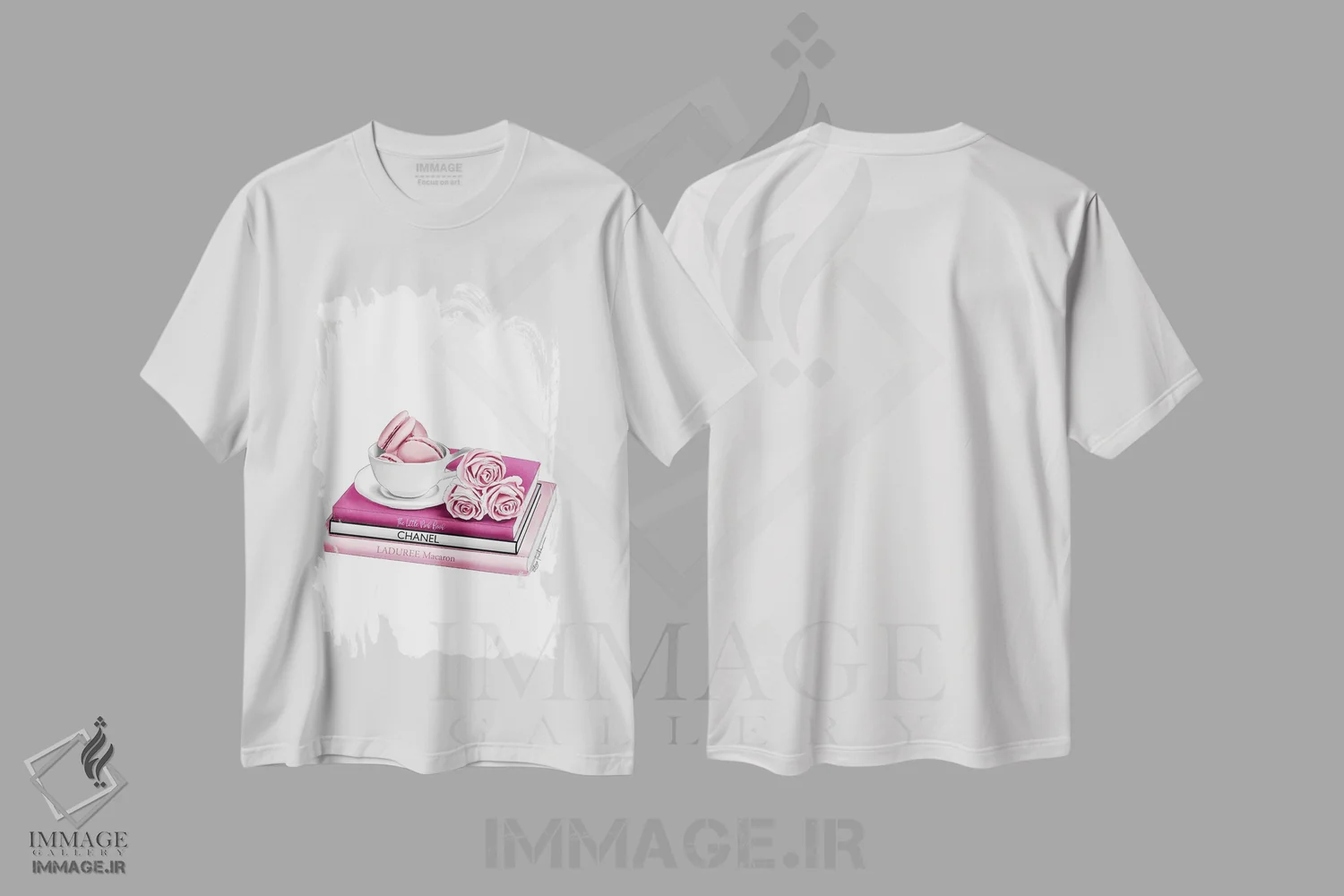 تیشرت سفید طرح دار ماکارون ها و رزها، دست نقاشی و طراحی دستی اثر الزا فوچه | فروشگاه ایماژ