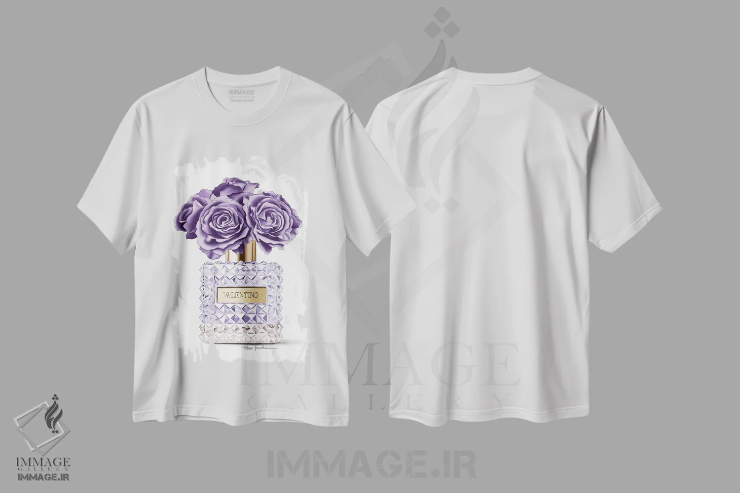 تیشرت سفید طرح دار رزهای بنفش و عطر، تزئینی اثر الزا فوچه | فروشگاه ایماژ