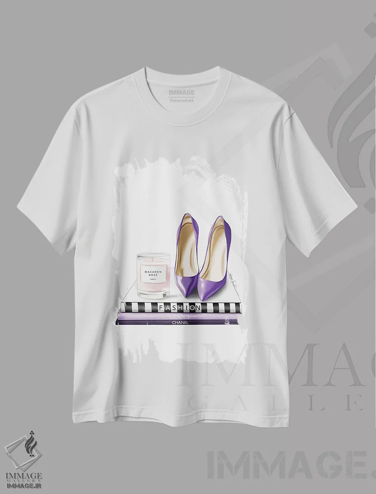 تیشرت سفید طرح دار شمع و کفش پاشنه دار، دست نقاشی و طراحی دستی اثر الزا فوچه | immage.ir