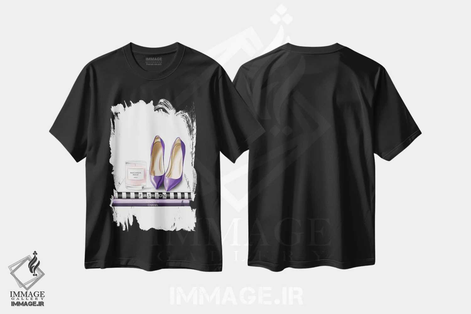 تیشرت مشکی طرح دار شمع و کفش پاشنه دار، دست نقاشی و طراحی دستی اثر الزا فوچه | فروشگاه ایماژ