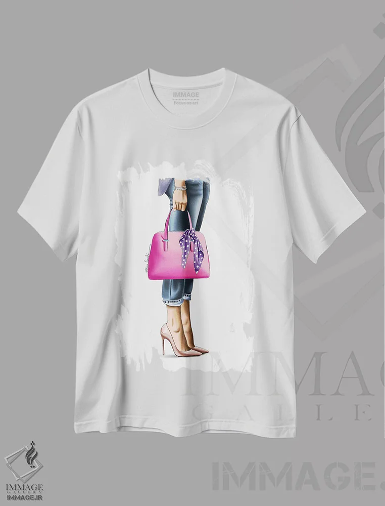 تیشرت سفید طرح دار کیف دستی صورتی، تزئینی اثر الزا فوچه | فروشگاه ایماژ