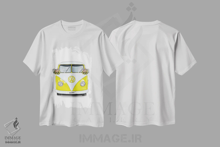 تیشرت سفید طرح دار کامیونت شادی زرد، تزئینی اثر الزا فوچه | immage.ir