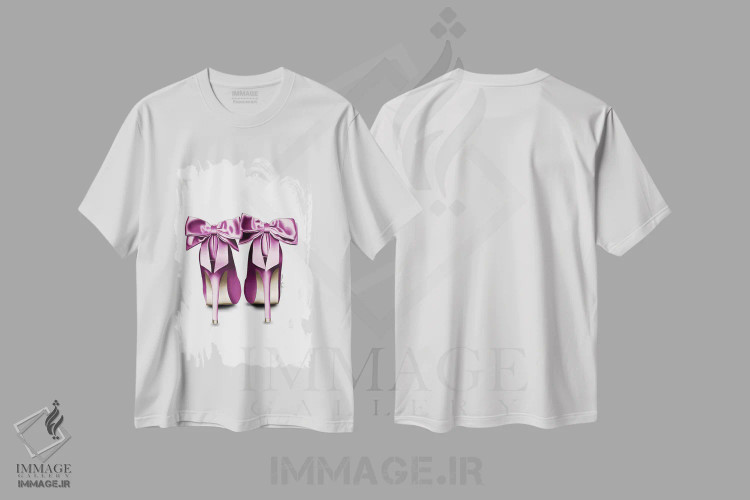 تیشرت سفید طرح دار کفش پاشنه دار با پاپیون ساتن، دست نقاشی و طراحی دستی اثر الزا فوچه | فروشگاه ایماژ