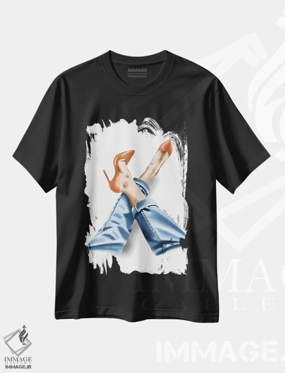 تیشرت مشکی طرح دار کفش پاشنه دار نارنجی، دست نقاشی و طراحی دستی اثر الزا فوچه | فروشگاه ایماژ