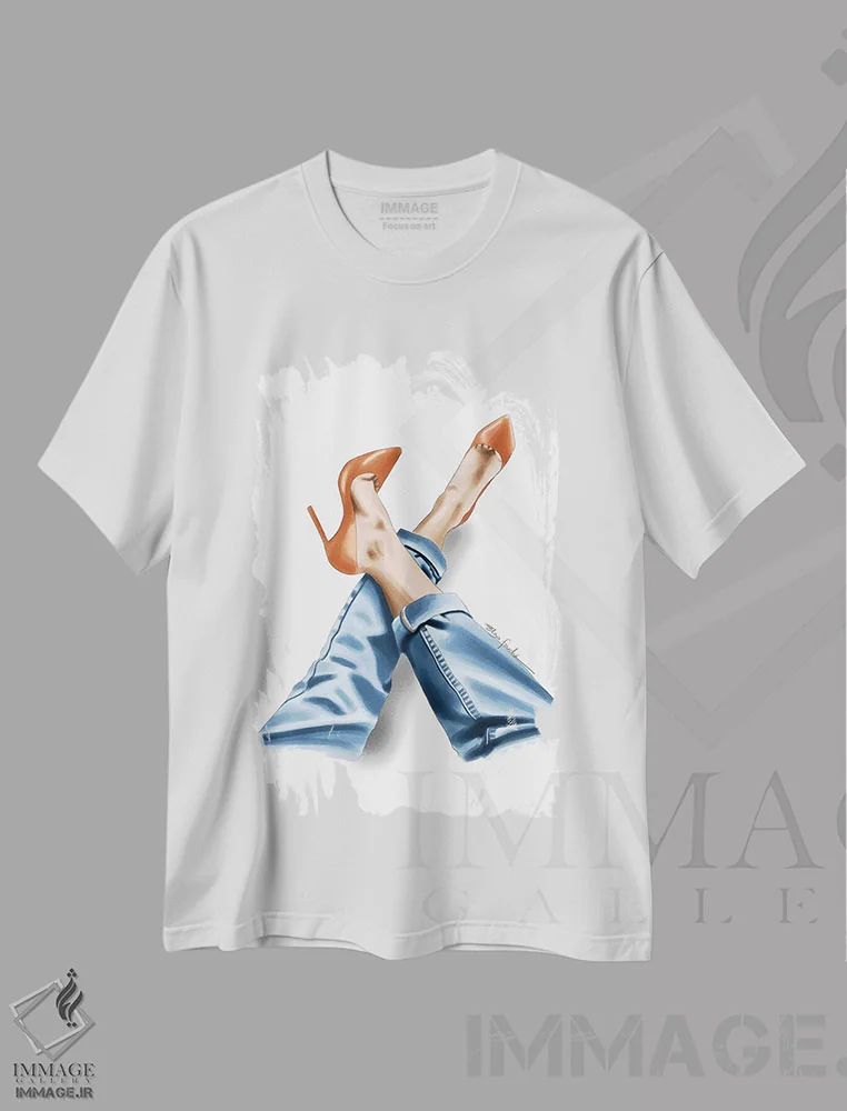 تیشرت سفید طرح دار کفش پاشنه دار نارنجی، دست نقاشی و طراحی دستی اثر الزا فوچه | immage.ir