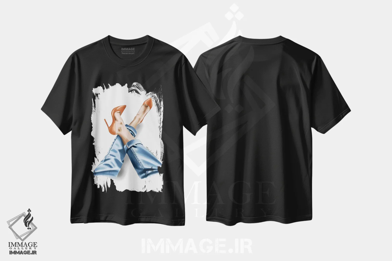 تیشرت مشکی طرح دار کفش پاشنه دار نارنجی، دست نقاشی و طراحی دستی اثر الزا فوچه | فروشگاه ایماژ