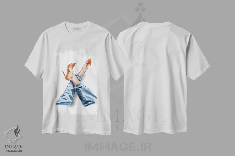 تیشرت سفید طرح دار کفش پاشنه دار نارنجی، دست نقاشی و طراحی دستی اثر الزا فوچه | immage.ir
